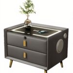 Smart Bedside Table With Smart Fingerprint Lock, 5.0 Bluetooth Speakers, 2 Drawers, Double-Layer Countertop & Built-in Three-Tone Lights, Smart Bedroom Nightstand with Wireless Charging