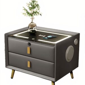 Smart Bedside Table With Smart Fingerprint Lock, 5.0 Bluetooth Speakers, 2 Drawers, Double-Layer Countertop & Built-in Three-Tone Lights, Smart Bedroom Nightstand with Wireless Charging
