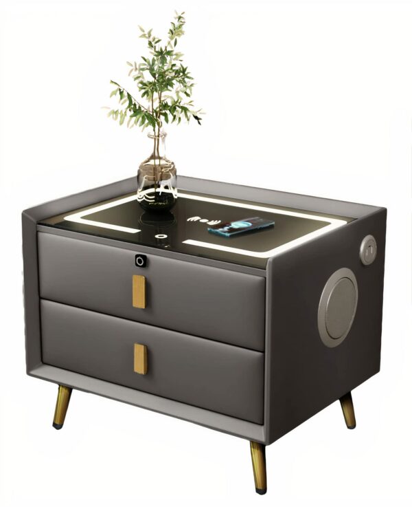 Smart Bedside Table With Smart Fingerprint Lock, 5.0 Bluetooth Speakers, 2 Drawers, Double-Layer Countertop & Built-in Three-Tone Lights, Smart Bedroom Nightstand with Wireless Charging