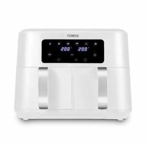 Tower T17137WHT Vortx 8.5L Dual Basket Air Fryer with Dual Cook Function, 2400W, White & Chrome