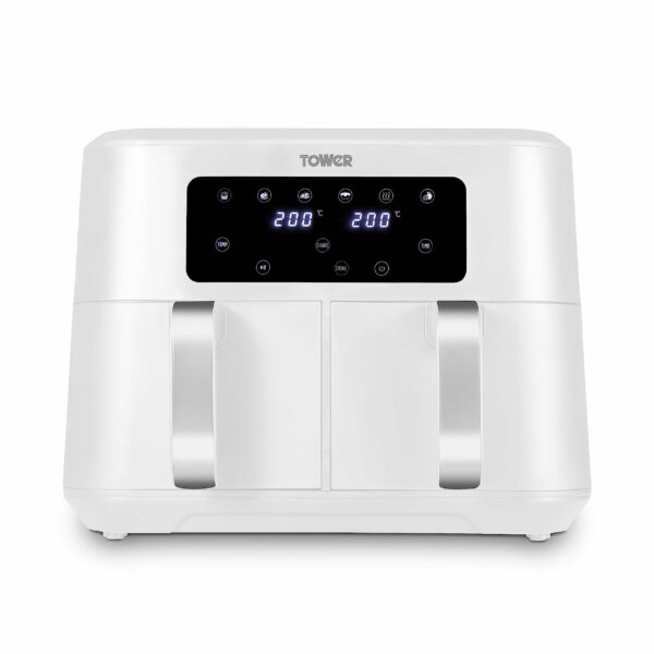Tower T17137WHT Vortx 8.5L Dual Basket Air Fryer with Dual Cook Function, 2400W, White & Chrome
