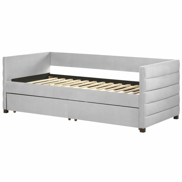 Beliani Velvet Daybed EU Single Size with Slatted Frame and Drawers Light Grey Marray