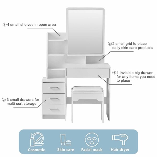 Tukailai Dressing Table with LED Lights Mirror and Stool, Corner Vanity Makeup Desk Set with 4 Drawers and 3 Storage Shelves