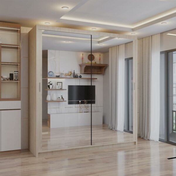 Double Mirror Sliding Door Wardrobe with LED LIGHT 90/120/150/180/203 (Oak, 150cm)