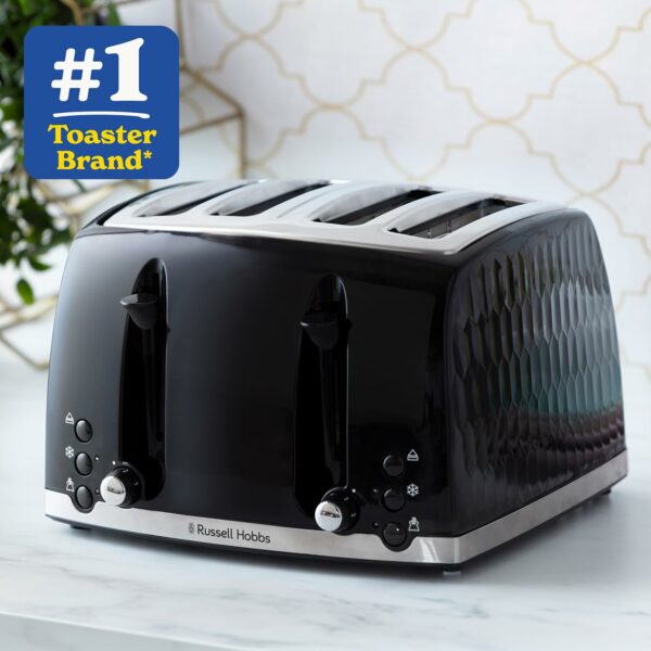 Russell Hobbs Honeycomb 4 Slice Toaster (Independent & Extra wide slots with high lift, 6 Browning levels, Frozen/Cancel/Reheat function, Removable crumb tray, 1500W, Black textured high gloss) 26071