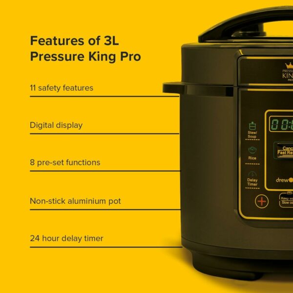 Drew & Cole Pressure King Pro Electric Pressure Cooker 3L - 700W - Chrome - 8-in-1 Multi Cooker with Digital Display - Non Stick Pot - Rice Cooker, Slow Cooker & Soup Maker All in One