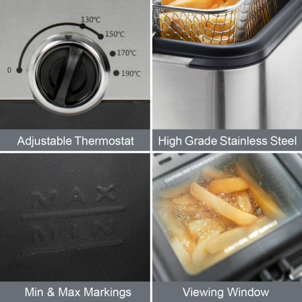Quest 34250 1.5 Litre Stainless Steel Deep Fat Fryer / 130-190°C Adjustable Temperature/Lid Cover & Viewing Window/Easy Clean with Removable Basket / 900W / Ideal For Fried Chicken, Chips & More