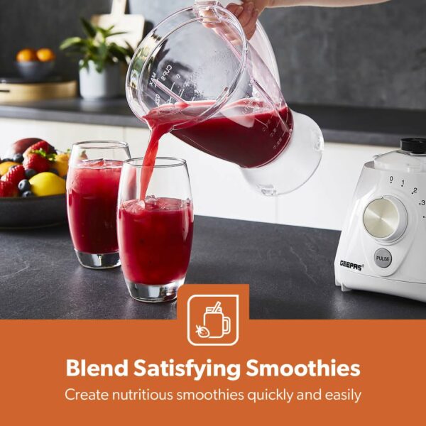 Geepas 550W 2 in 1 Food Jug Blender with 1.5L BPA Free Jar | 4 Sharp Stainless Steel Blades with 4 Speed Pulse Function | Ice Crusher, Mill, Coffee/Spice Grinder & Smoothie Maker - 2 Year Warranty