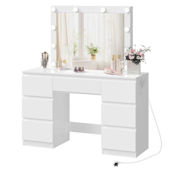WOLTU Dressing Table with Lights and Multi-Socket, Vanity Desk with Large LED Mirror and 7 Drawers, Makeup Desk 110x39.5x140.5cm, White Modern Bedroom Dresser, MB6124ws