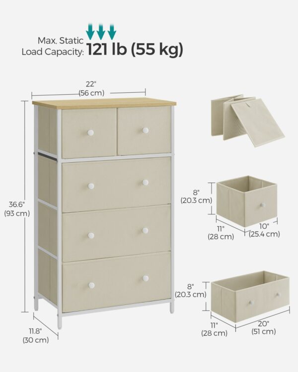 SONGMICS Chest of Drawers, Fabric 5-Drawer Storage Organiser Unit, Dresser, for Living Room, Hallway, Nursery, Camel Yellow and Cream White LTS514W01