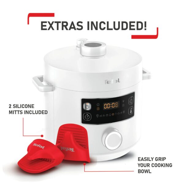 Tefal Turbo Cuisine. 4.8L Electric Pressure Cooker with mitts, 10 Programmes inc. stew, steam, bake, slow cooker, Rice cooker, 4.8L, 1000 W, Plastic, White, CY756140