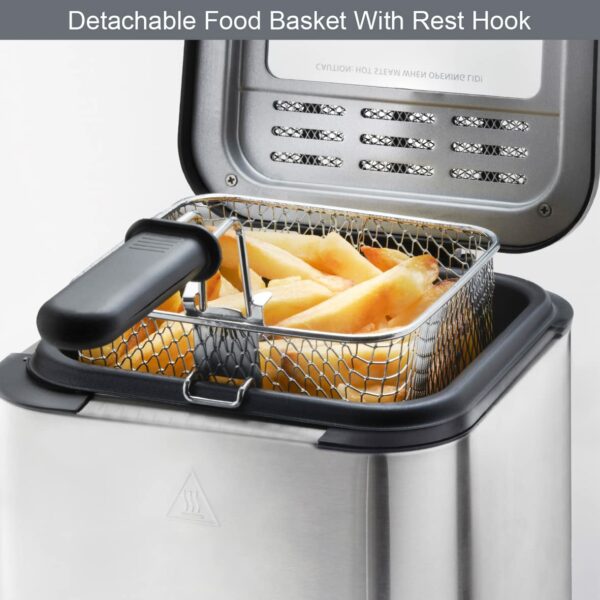 Quest 34250 1.5 Litre Stainless Steel Deep Fat Fryer / 130-190°C Adjustable Temperature/Lid Cover & Viewing Window/Easy Clean with Removable Basket / 900W / Ideal For Fried Chicken, Chips & More