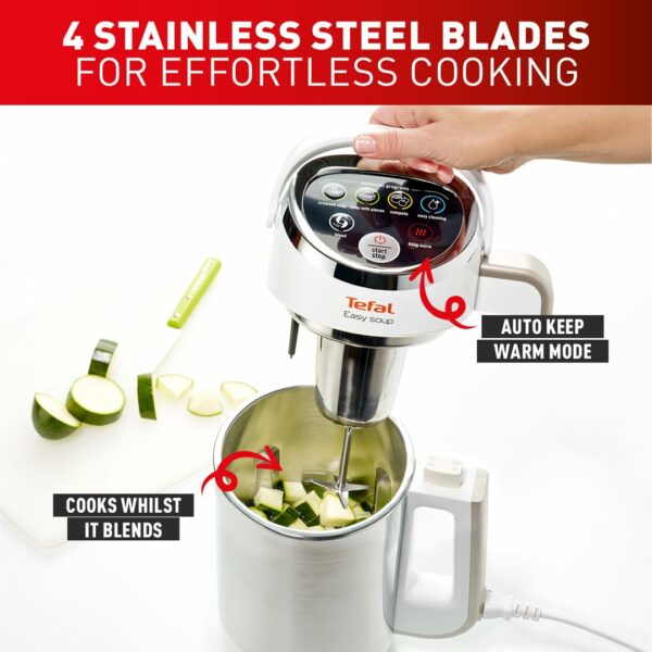 Tefal Easy Soup and Smoothie Maker, 1.2 Litre Jug, 5 Programs, Smooth and Chunky Soup, Smoothie, Compote, Auto-Clean, 1000W, Digital Control, Stainless Steel, Compact BL841140