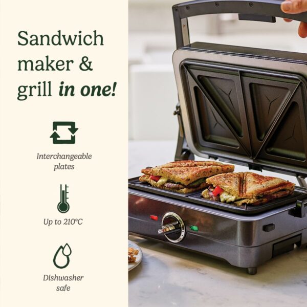 Cuisinart Grill & Sandwich maker, Sandwich toaster, panini press, electric grill, Non-stick Removable, interchangeable plates, Health grill, less oil, Midnight Grey, GRSM4U