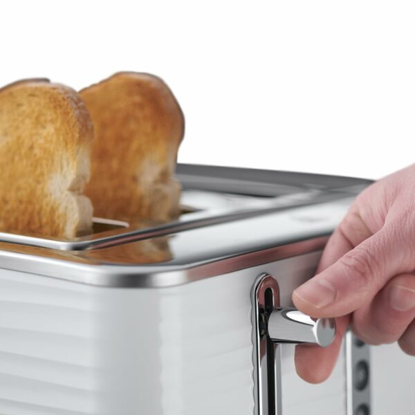 Russell Hobbs Inspire 4 Slice Toaster (Extra wide slots, High lift feature, 6 Browning levels, Frozen/Cancel/Reheat function with Blue LED illumination, 1800W, White textured high gloss) 24380
