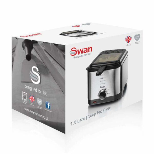 Swan SD6060N 1.5 litre Stainless Steel Fryer with Viewing Window, Non-Stick Coating for Easy Cleaning and Adjustable Thermostat with Indicator Light, Detachable Basket Handle, 900W, Silver