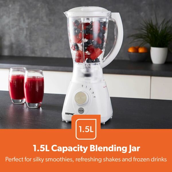 Geepas 550W 2 in 1 Food Jug Blender with 1.5L BPA Free Jar | 4 Sharp Stainless Steel Blades with 4 Speed Pulse Function | Ice Crusher, Mill, Coffee/Spice Grinder & Smoothie Maker - 2 Year Warranty