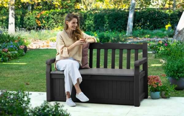 Keter Eden Bench 265L Outdoor 60% recycled Garden Furniture Storage Box Graphite Light Grey