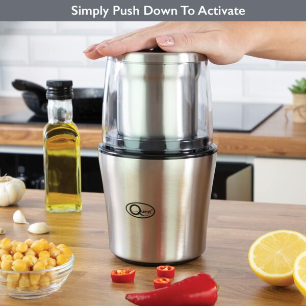 Quest 34170 Electric Wet and Dry Grinder / One Touch Operation / Coffee, Spices, Nuts, Fruit, Vegetables, Sauces, Salsa, Dips / 80g Capacity / 2 x Interchangeable Stainless Steel Blades
