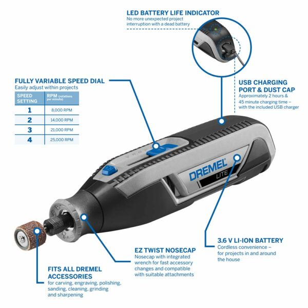 Dremel Lite 7760-15 Cordless Rotary Tool (3.6 Volt), Rotary Multi Tool Kit with 15 Accessories, 8,000-25,000 RPM for Carving, Engraving, Grinding, Sharpening, Cleaning, Polishing and Sanding
