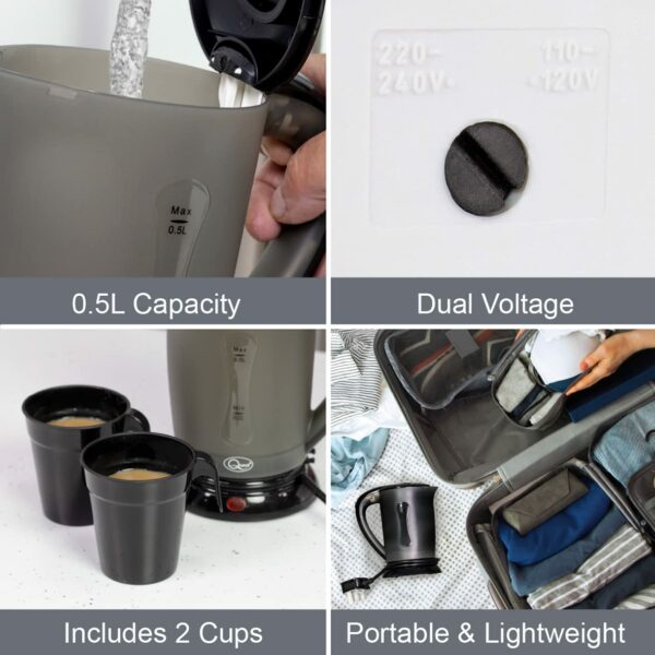Quest Black Travel Kettle with 2 Cups | Portable & Lightweight | Dual Voltage for Worldwide Use | Safety Protection | Use in Caravans, Camp Sites and on Holiday