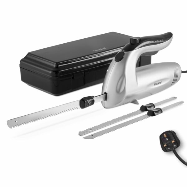 VonShef Electric Carving Knife With Two Serrated Blades For Multi-Purpose Use, Ergonomic Handle Plus Low Vibration & Noise For Your Comfort, Meat, Vegetable or Bread Knife