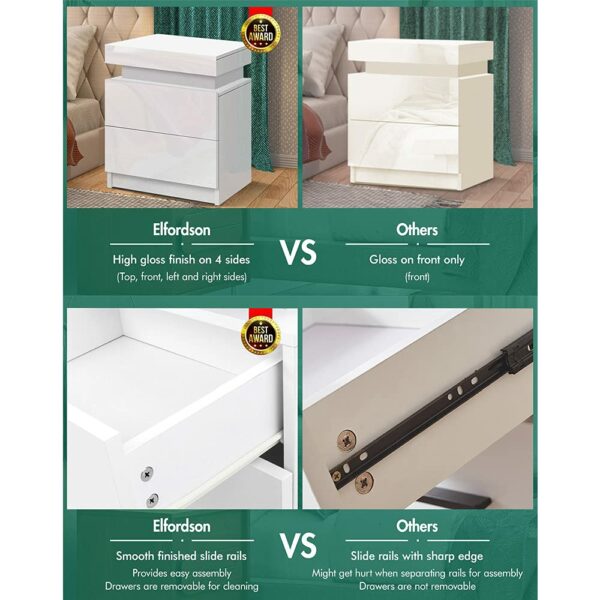 Elfordsen Led Bedside Table 4 Sides High Gloss Wooden Nightstand Cabinet