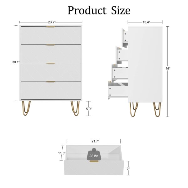 HEYZOEY Chest of Drawers, Wood 4 Drawers Cabinet Storage Organiser, Tall High Gloss Drawer Dresser with Gold Metal Legs for Bedroom, Living Room, Closet, Hallway, White