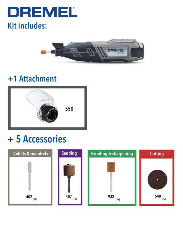 Dremel 8220 Cordless Rotary Tool 12 V, Multi Tool Kit with 1 Attachment, 5 Accessories, Lithium-Ion 2.0 Ah Battery, LED Light, Speed 5000-35000 rpm for Carving, Engraving, Cutting, Sanding, Grinding