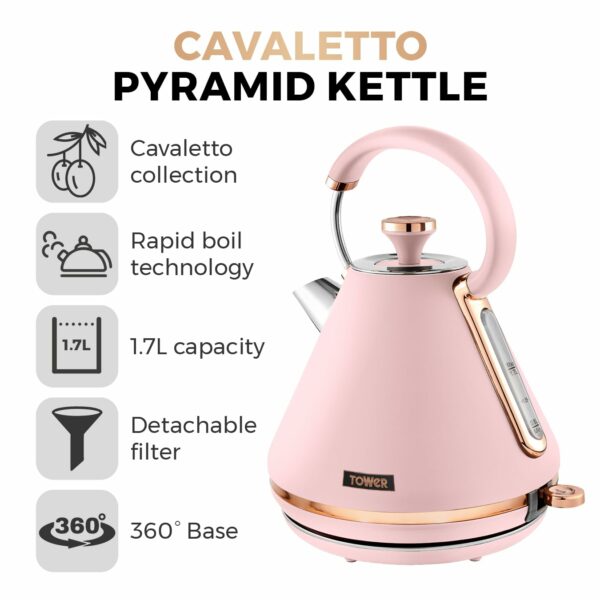 Tower T10044PNK Cavaletto Pyramid Kettle with Fast Boil 1.7 Litre 3000 W Marshmallow Pink and Rose Gold