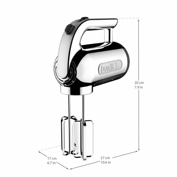 Dualit Hand Mixer Chrome - 400W - Strong Grip Handle - Attachments Included - Integral Plug Storage - 4 Speed Settings - Repairable gears - Flat Beaters, Dough Hooks, Balloon Whisk