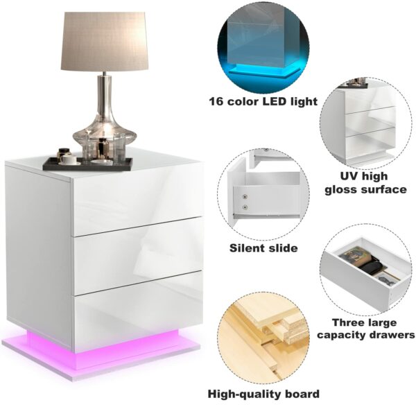 Tukailai Set of 2 Bedside Table with LED Light, 3 Drawers Bedside Cabinet White High Gloss Front Nightstand Cabinet for Bedroom Living Room