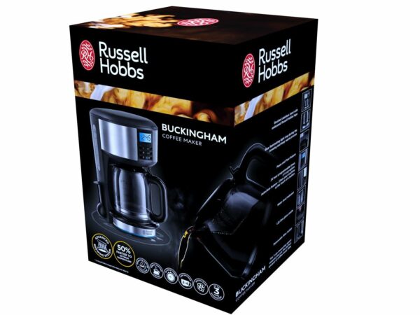 Russell Hobbs Buckingham Filter Coffee Machine, 1.25L Carafe/10 cups, 1-4 Cup brewing option, Fast brew, 24hr timer, 40min keep warm, Pause & Pour, Washable filter, Auto clean, 1000W, 20680