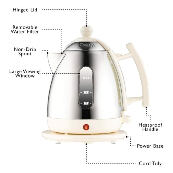 Dualit Lite Kettle | 1 L 2 kW Jug Kettle | Polished with Canvas White Trim, High Gloss Finish | Fast Boiling Kettle by Dualit | 72203, Silver/Canvas White
