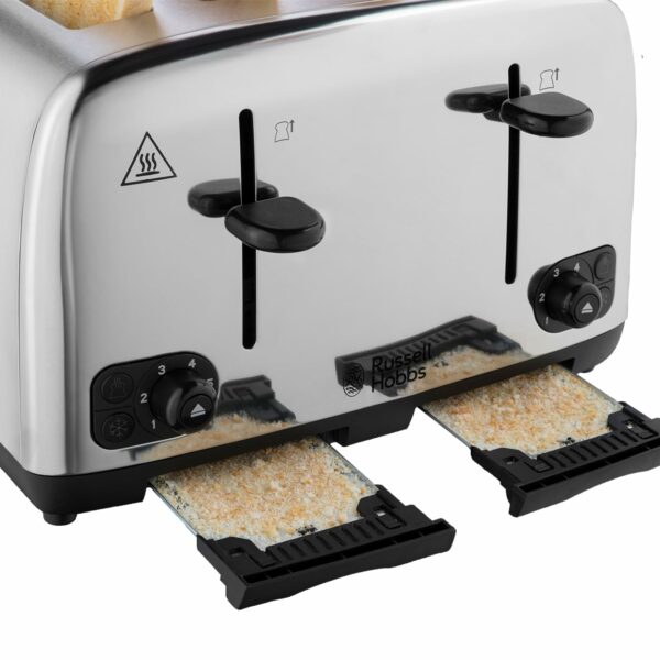 Russell Hobbs 4 Slice Toaster with Perfect Toast Technology for improved evenness (Wide slots, Lift & look feature, 6 Browning levels, Frozen & Cancel function, 1700W, Brushed & Stainless Steel) 24090