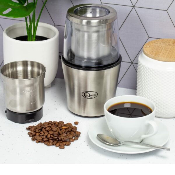 Quest 34170 Electric Wet and Dry Grinder / One Touch Operation / Coffee, Spices, Nuts, Fruit, Vegetables, Sauces, Salsa, Dips / 80g Capacity / 2 x Interchangeable Stainless Steel Blades