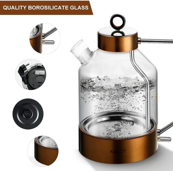 Electric Kettle, ASCOT Glass Electric Tea Kettle 1.6L 2200W Tea Heater & Hot Water Boiler, Borosilicate Glass, BPA-Free, Auto Shut-Off and Boil-Dry Protection (Copper)