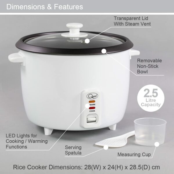Quest 35450 2.5L Rice Cooker/Up to 12 Servings/Non-Stick Removable Bowl/Keep Warm Functionality / 900W / Includes Measuring Cup & Spatula