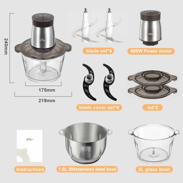 Bear 2L+1.8L 600W Electric Food Processors & Chopper with Glass Container and 304 Stainless Steel Container, 2 Speed Settings, 4 Stainless Steel Blades for Chopping Meat, Baby Food, Fruit, Vegetable