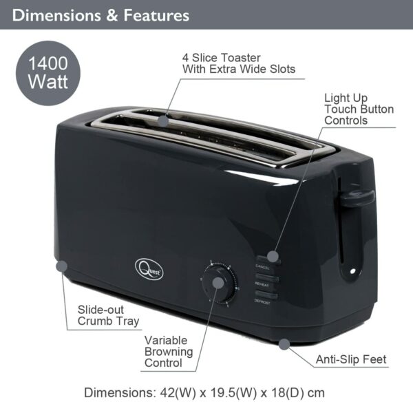 Quest 4 Slice Toaster Black - Extra Wide Long Slots for Crumpets and Bagels - 6 Settings - Reheat and Defrost
