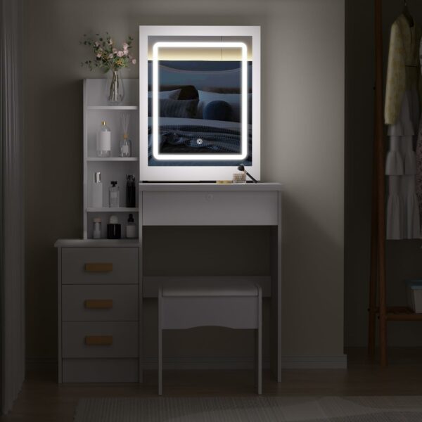 Dressing Table with LED Lights and Adjustable Brightness, Vanity Desk with Mirror, 4 Drawers, 6 Hidden Shelves, and Stool, Makeup Desk for Bedroom, Modern Makeup Table with Mirror and Chair (White)