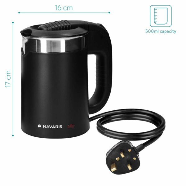 Navaris Travel Kettle Electric - 0.5 Litre - Small Kettle with Dual Walls and Boil Dry Protection - 1100W Holiday Kettles with 2 Cups