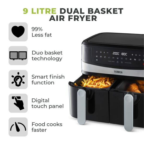 Tower T17088 Vortx 9L Dual Basket Air Fryer with Smart Finish, 2600W, Black