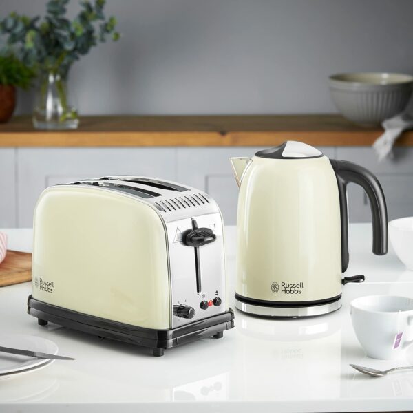 Russell Hobbs Cream Stainless Steel 1.7L Cordless Electric Kettle with black handle (Fast Boil 3KW, Removable washable anti-scale filter, Pull to open hinged lid, Perfect pour spout) 20415