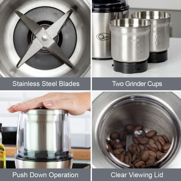 Quest 34170 Electric Wet and Dry Grinder / One Touch Operation / Coffee, Spices, Nuts, Fruit, Vegetables, Sauces, Salsa, Dips / 80g Capacity / 2 x Interchangeable Stainless Steel Blades