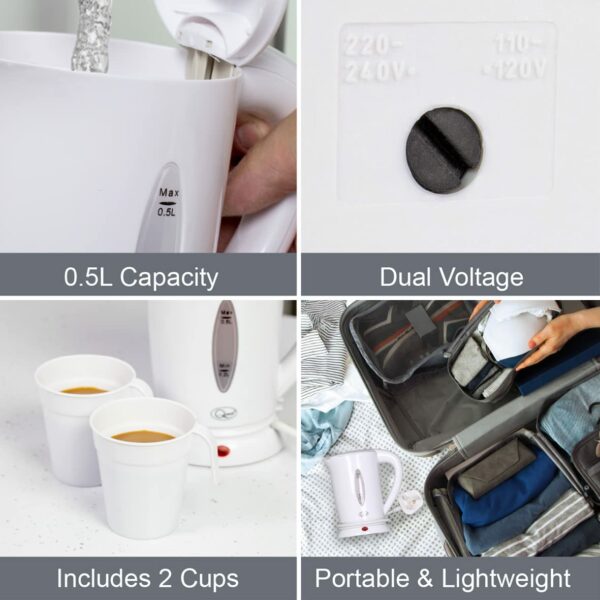 Quest 35440 Compact Travel Kettle / 0.5 litres / 600 Watt/Dual Voltage/Indicator Light/Includes 2 Cups/White