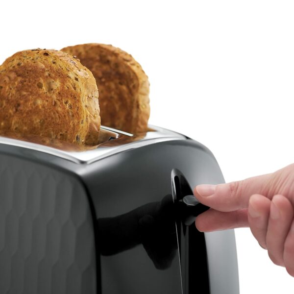Russell Hobbs Honeycomb 2 Slice Toaster (Extra wide slots, High lift feature, 6 Browning levels, Frozen/Cancel/Reheat function, Removable crumb tray, 850W, Black, Textured high gloss) 26061