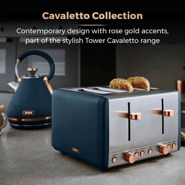 Tower T20051MNB Cavaletto 4-Slice Toaster with Defrost/Reheat, Stainless Steel, 1800 W, Midnight Blue and Rose Gold