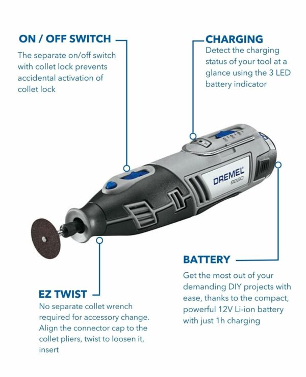 Dremel 8220 Cordless Rotary Tool 12 V, Multi Tool Kit with 1 Attachment, 5 Accessories, Lithium-Ion 2.0 Ah Battery, LED Light, Speed 5000-35000 rpm for Carving, Engraving, Cutting, Sanding, Grinding