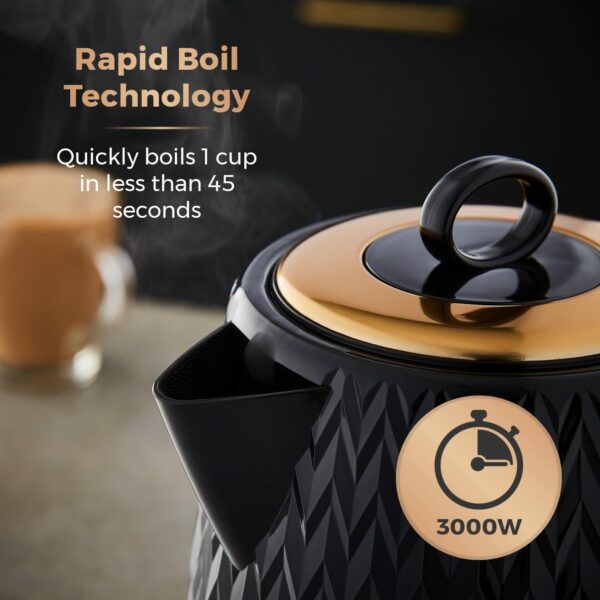Tower T10052BLK Empire 1.7 Litre Kettle with Rapid Boil, Removable Filter, 3000W, Black with Brass Accents